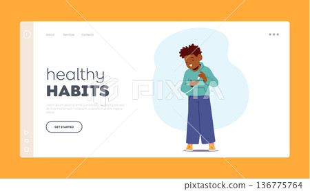 Healthy Habits Landing Page Template. Child With Diabetes Manages Sugar Levels Using Pen For Insulin Administration 136775764