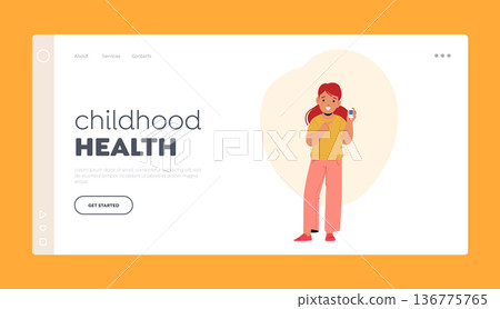 Childhood Health Landing Page Template. Little Girl Checking Blood Sugar Levels With Glucometer For Diabetes Management 136775765