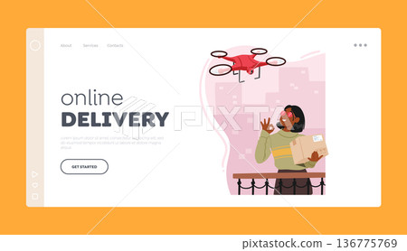 Online Delivery Landing Page Template. Woman Receives Parcel Through Drone Service, Female Character Stand on Balcony 136775769