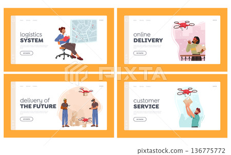 Drones Delivery Service Landing Page Template Set. Technology of Air Transportation Goods To Customers 136775772