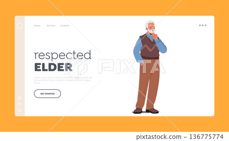 Respected Elder Landing Page Template. Thoughtful Elderly Gentleman Thinking, Old Male Character Deep In Contemplation Respected Elder Landing Page Template. Thoughtful Elderly Gentleman Thinking, Old Male Character Deep In Contemplation 136775774