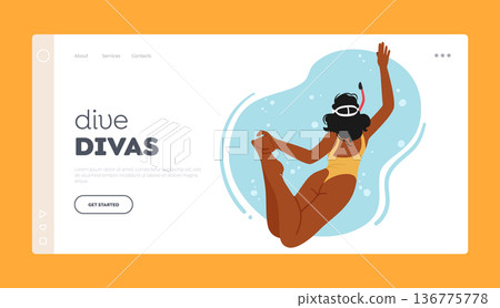Dive Divas Landing Page Template. Female Swimmer Character Gracefully Glides Through Water, Arms Extended Dive Divas Landing Page Template. Female Swimmer Character Gracefully Glides Through Water, Arms Extended 136775778