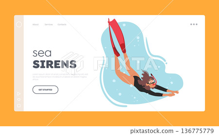 Sea Sirens Landing Page Template. Swimmer Female Character Dives Into The Water With Grace And Precision Sea Sirens Landing Page Template. Swimmer Female Character Dives Into The Water With Grace And Precision 136775779