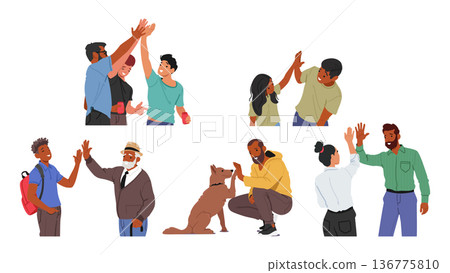 People Joyfully Raise Their Hands And Meet In A Satisfying High-five, Celebrating A Shared Victory, Vector Illustration 136775810