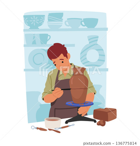 Artisan Male Character Shaping Clay Into Beautiful Pottery Using Carver And Wheel, Adding Intricate Details With Tools Artisan Male Character Shaping Clay Into Beautiful Pottery Using Carver And Wheel, Adding Intricate Details With Tools 136775814