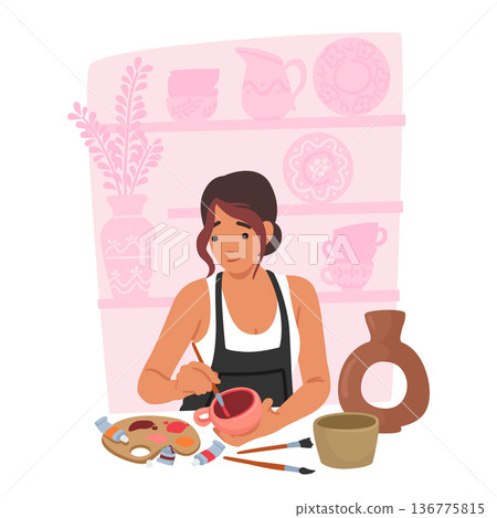Focused Artist Female Character Skillfully Paints Intricate Designs On Handmade Pottery, Blending Creativity Focused Artist Female Character Skillfully Paints Intricate Designs On Handmade Pottery, Blending Creativity 136775815