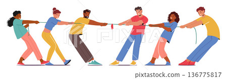 Two Teams Compete In A Test Of Strength And Teamwork, Pulling Opposite Ends Of A Rope In Opposite Directions Two Teams Compete In A Test Of Strength And Teamwork, Pulling Opposite Ends Of A Rope In Opposite Directions 136775817