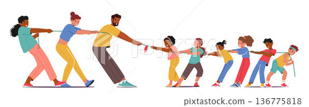 Energetic Kids And Enthusiastic Parents Family Characters Engage In A Spirited Tug Of War, Laughing And Competing 136775818