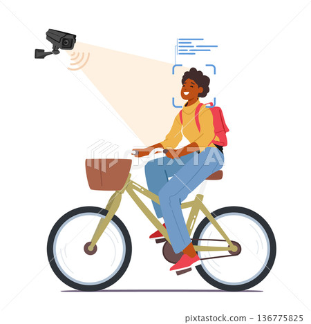 Surveillance Cameras With Face Recognition System Monitor And Identify A Woman Riding On A Bicycle, Enhancing Safety Surveillance Cameras With Face Recognition System Monitor And Identify A Woman Riding On A Bicycle, Enhancing Safety 136775825