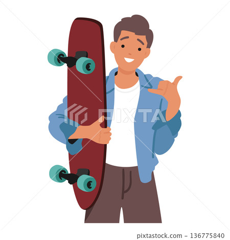 Teenage Boy With Skateboard In Hand, Flashes A Laid-back Hang Loose Gesture With His Thumb And Pinky Vector Illustration Teenage Boy With Skateboard In Hand, Flashes A Laid-back Hang Loose Gesture With His Thumb And Pinky Vector Illustration 136775840