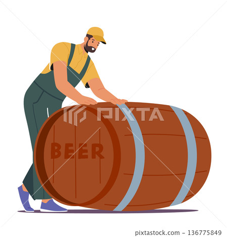 Worker Male Character Wear Uniform Rolls Huge Beer Barrel Using A Combination Of Strength And Balance 136775849