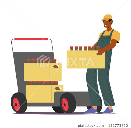 Worker Male Character Efficiently Load Bottles With Brewed Products on Trolley During The Production Process Worker Male Character Efficiently Load Bottles With Brewed Products on Trolley During The Production Process 136775850