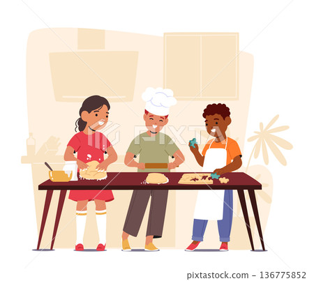 Young Chefs In Chef Uniforms Whipping Up Delicious Cookies. Kids Characters Explore Culinary Delights, Donning Aprons Young Chefs In Chef Uniforms Whipping Up Delicious Cookies. Kids Characters Explore Culinary Delights, Donning Aprons 136775852