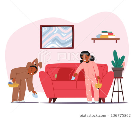 Character. Kids Eagerly Search For Colorful Easter Eggs In Their Home. Concept of Excitement Of The Holiday Character. Kids Eagerly Search For Colorful Easter Eggs In Their Home. Concept of Excitement Of The Holiday 136775862