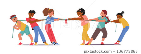 Children Characters Play Tug Of War, Spirited Team Game Where Opposing Groups Pull On Opposite Ends Of A Rope Children Characters Play Tug Of War, Spirited Team Game Where Opposing Groups Pull On Opposite Ends Of A Rope 136775863