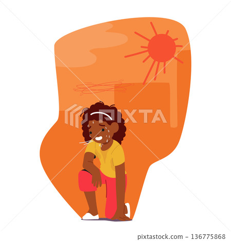 Exhausted Little Character Girl Sitting Down On The Ground With Heavy Breath, Experiencing Heatstroke Exhausted Little Character Girl Sitting Down On The Ground With Heavy Breath, Experiencing Heatstroke 136775868