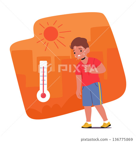 Flushed And Lethargic Little Boy Character Struggling To Cope With The Scorching Heat Of The Desert Sun Feel Pain Flushed And Lethargic Little Boy Character Struggling To Cope With The Scorching Heat Of The Desert Sun Feel Pain 136775869