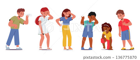 Children Characters Suffer From Extreme Heat. Kids With Red Faces, Sweat, Feel Dehydration, Discomfort, Exhaustion 136775870