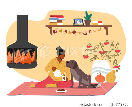 Woman Character Savors Tea By The Fireplace, Accompanied By Her Dog. Embracing The Cozy Autumn Ambiance 136775872