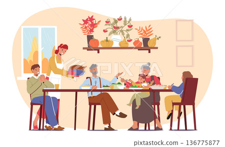 Close-knit Family Gathers Around A Festively Table, Sharing Laughter, Gratitude, And A Delicious Thanksgiving Feast 136775877