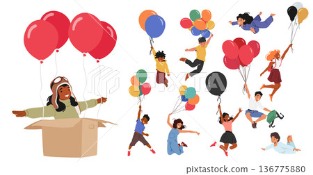 Joyful Kid Characters Soaring On Colorful Balloons, Giggling In The Sky. Their Faces Light Up As They Float Above 136775880