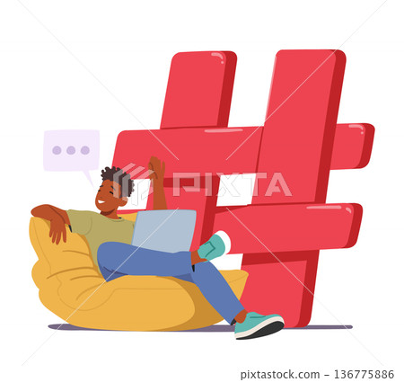 Tiny Man Character Works On Laptop Near Huge Hashtag Sign, Representing The Digital World's Impact On Communication 136775886