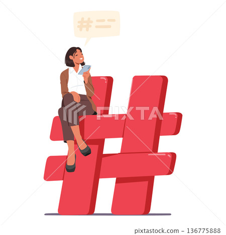 Tiny Woman With Smartphone Sitting on Huge Red Hashtag Sign, Symbolizing The Impact Of Social Media Vector Illustration Tiny Woman With Smartphone Sitting on Huge Red Hashtag Sign, Symbolizing The Impact Of Social Media Vector Illustration 136775888