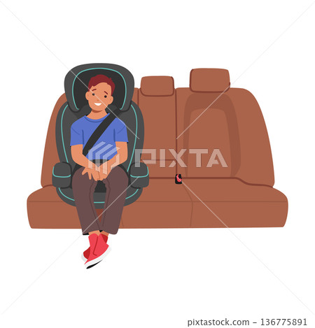 Happy Boy Sitting In Car Seat. Armchair For The Child Safe Movement in Vehicle. Toddler Character Sitting in Automobile 136775891