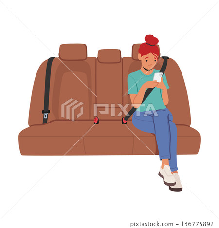 Girl Character Sitting On Car Seat with Smartphone. Child Safety And Comfortable Travel Concept with Happy Kid 136775892