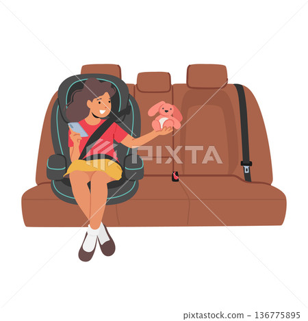 Child Safety And Comfortable Travel Concept. Kid Girl Character Sitting On Car Seat, Happy Kid In Comfortable Chair Child Safety And Comfortable Travel Concept. Kid Girl Character Sitting On Car Seat, Happy Kid In Comfortable Chair 136775895