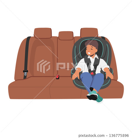 Kid Character Sitting On Car Seat, Baby Boy On Vehicle Board. Child Safety, Comfortable Travel Concept. Happy Kid Kid Character Sitting On Car Seat, Baby Boy On Vehicle Board. Child Safety, Comfortable Travel Concept. Happy Kid 136775896