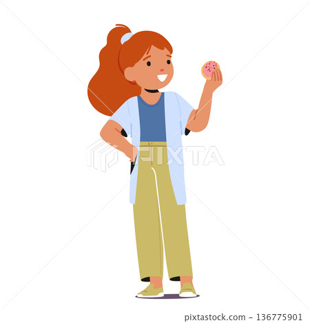 Little Girl Eating fast Food Dessert. Joyful Kid Character Indulging In A Sugary Donut, Eyes Wide With Delight Little Girl Eating fast Food Dessert. Joyful Kid Character Indulging In A Sugary Donut, Eyes Wide With Delight 136775901