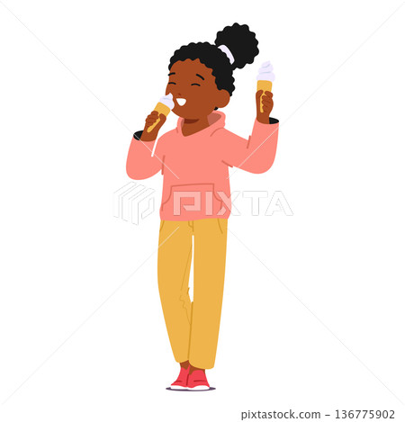 Joyful Kid Savoring Ice Cream, Face Smeared With Delight, Cherishing Every Lick, Eyes Twinkling With Happiness 136775902