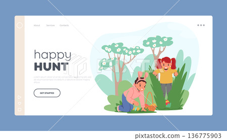 Happy Hunt Landing Page Template. Children In Garden Searching For Hidden Easter Eggs. Excitement Of A Treasure Hunt Happy Hunt Landing Page Template. Children In Garden Searching For Hidden Easter Eggs. Excitement Of A Treasure Hunt 136775903