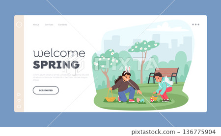 Annual Easter Egg Hunt Landing Page Template. Children Excitedly Scour A Park For Eggs with Basket In Hands Annual Easter Egg Hunt Landing Page Template. Children Excitedly Scour A Park For Eggs with Basket In Hands 136775904