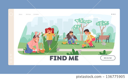 Easter Family Outdoor Activities Landing Page Template. Children Excitedly Search For Hidden Eggs In Park With Greenery 136775905