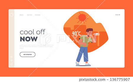 Heat Stroke Landing Page Template. Dehydrated And Dizzy Little Boy Character Collapsed From Heat Stroke 136775907
