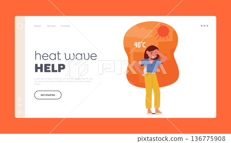 Heat Wave Help Landing Page Template. Character. Little Girl Hot And Sweating, Flushed Face, Fanning Herself Heat Wave Help Landing Page Template. Character. Little Girl Hot And Sweating, Flushed Face, Fanning Herself 136775908