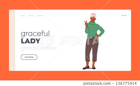 Graceful Lady Landing Page Template. Elderly Woman Expressing Triumph And Accomplishment, Vector Illustration Graceful Lady Landing Page Template. Elderly Woman Expressing Triumph And Accomplishment, Vector Illustration 136775914
