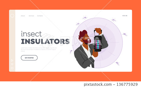 Insect Insulators Landing Page Template. Man Uses Lamp To Repel Mosquitoes And Other Insects. It Emits Uv Light Insect Insulators Landing Page Template. Man Uses Lamp To Repel Mosquitoes And Other Insects. It Emits Uv Light 136775929