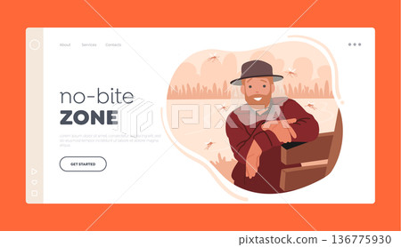 No-Bite Zone Landing Page Template. Male Character Wear Hat With Mosquito Net. Practical And Protective Accessory No-Bite Zone Landing Page Template. Male Character Wear Hat With Mosquito Net. Practical And Protective Accessory 136775930