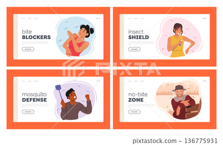 People and Insects Landing Page Template Set. Characters Suffer of Mosquito Bites Cause Discomfort, Itching 136775931