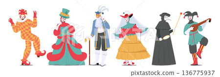 Elaborately Adorned In Venetian Masquerade Attire, Male and Female Characters Exude Elegance And Mystery Elaborately Adorned In Venetian Masquerade Attire, Male and Female Characters Exude Elegance And Mystery 136775937