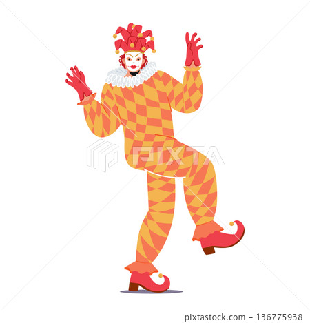 Mysterious Figure Adorned In A Vibrant Harlequin Masquerade Venetian Costume, Character Exuding Elegance Mysterious Figure Adorned In A Vibrant Harlequin Masquerade Venetian Costume, Character Exuding Elegance 136775938