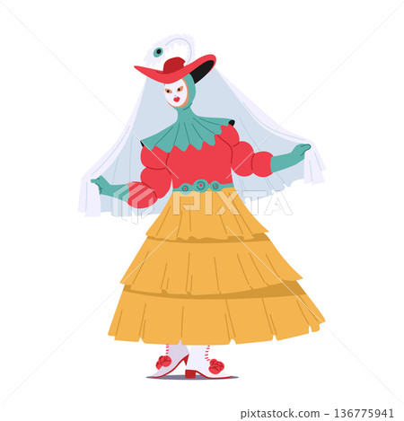 Elegantly Adorned In A Venetian Masquerade Costume, A Woman Character Exudes Mystery And Glamour, Vector Illustration Elegantly Adorned In A Venetian Masquerade Costume, A Woman Character Exudes Mystery And Glamour, Vector Illustration 136775941