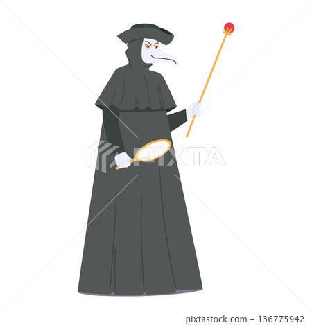 Mysterious Figure In A Plague Doctor Venetian Masquerade Costume, Featuring A Long Black Robe, Bird-like Mask 136775942