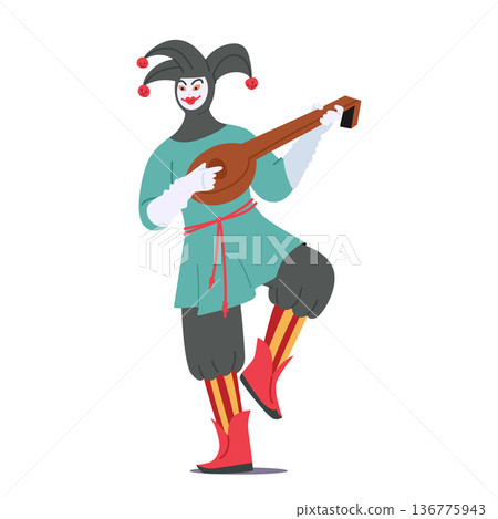 Colorful And Whimsical, A Person In A Jester Masquerade Venetian Costume Is Adorned With Vibrant Hues Colorful And Whimsical, A Person In A Jester Masquerade Venetian Costume Is Adorned With Vibrant Hues 136775943