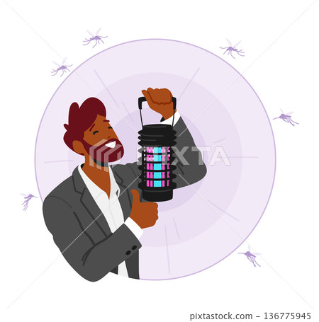 Man Uses Mosquito Lamp To Repel Mosquitoes And Other Insects. It Emits Uv Light To Attract Insects And An Electric Grid 136775945