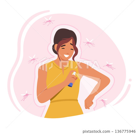 Woman Sprays Mosquito Repellent To Ward Off Insects, Keeping Them Safe From Bites And Potential Diseases, Illustration 136775946