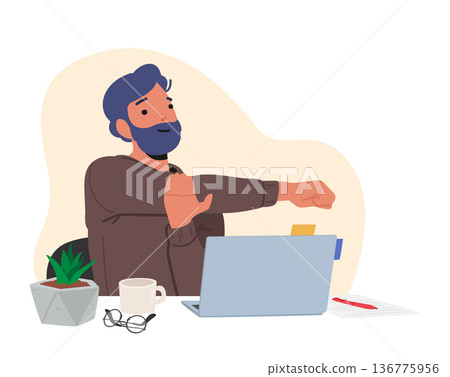 Male Character Doing Exercises In Office Environment. Man Promotes Wellness In Workplace, Concept of Workout Male Character Doing Exercises In Office Environment. Man Promotes Wellness In Workplace, Concept of Workout 136775956